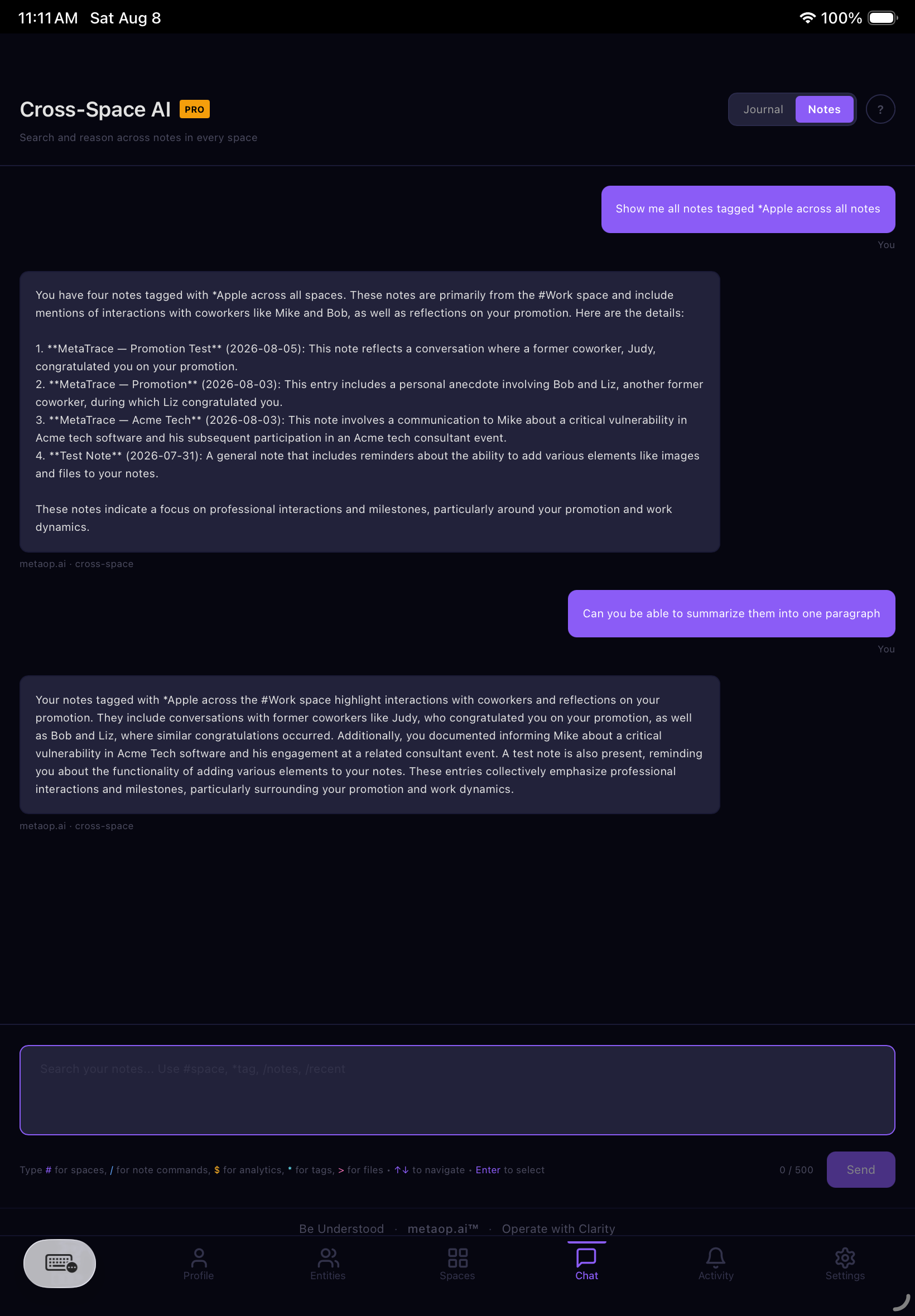 Cross-Space Notes mode — pull notes across spaces with # / * and >