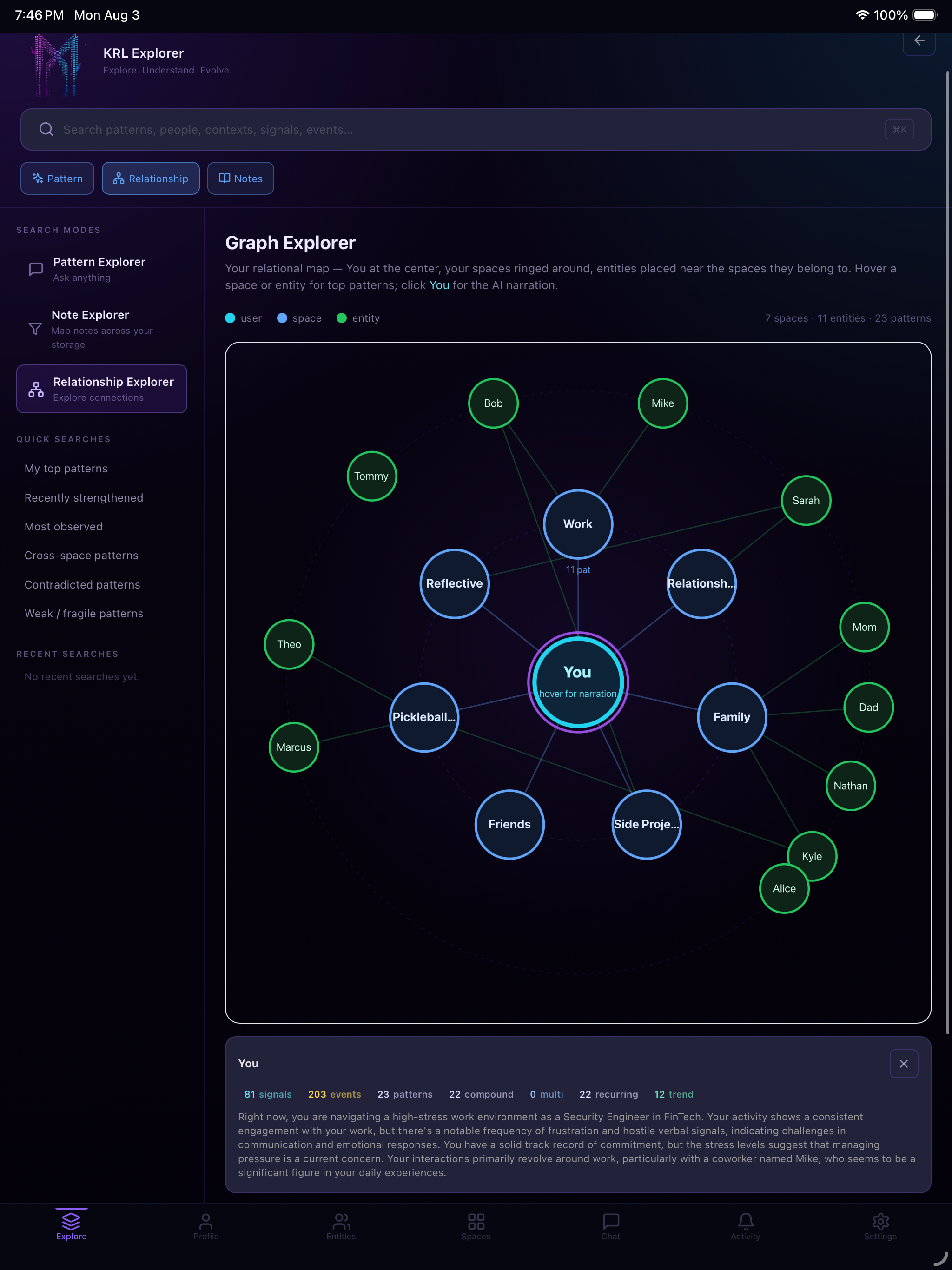 Graph Explorer — entities in your Spaces orbiting you