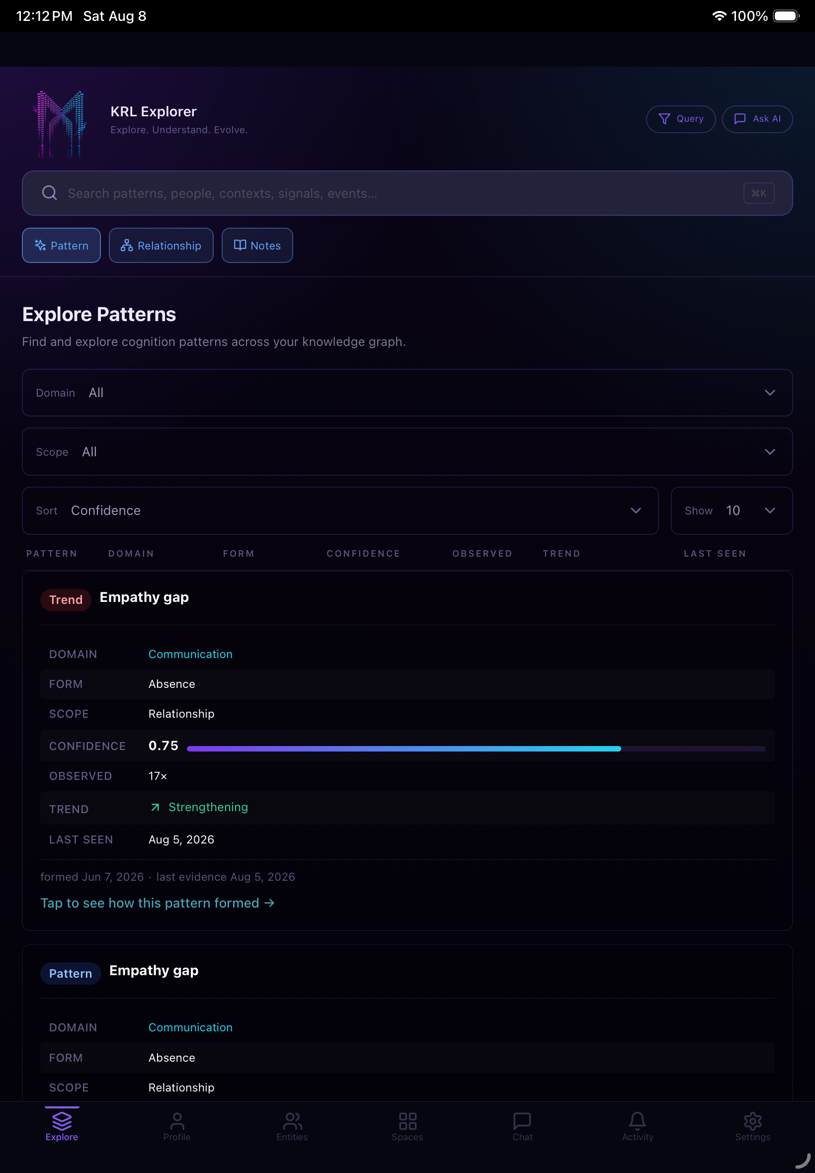 Pattern Explorer — every pattern observed across your Spaces