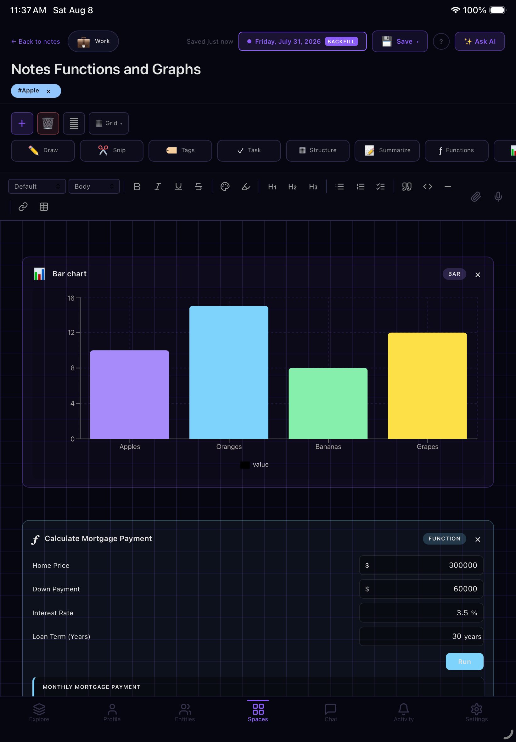 Visuals — tables, charts, graphs, functions