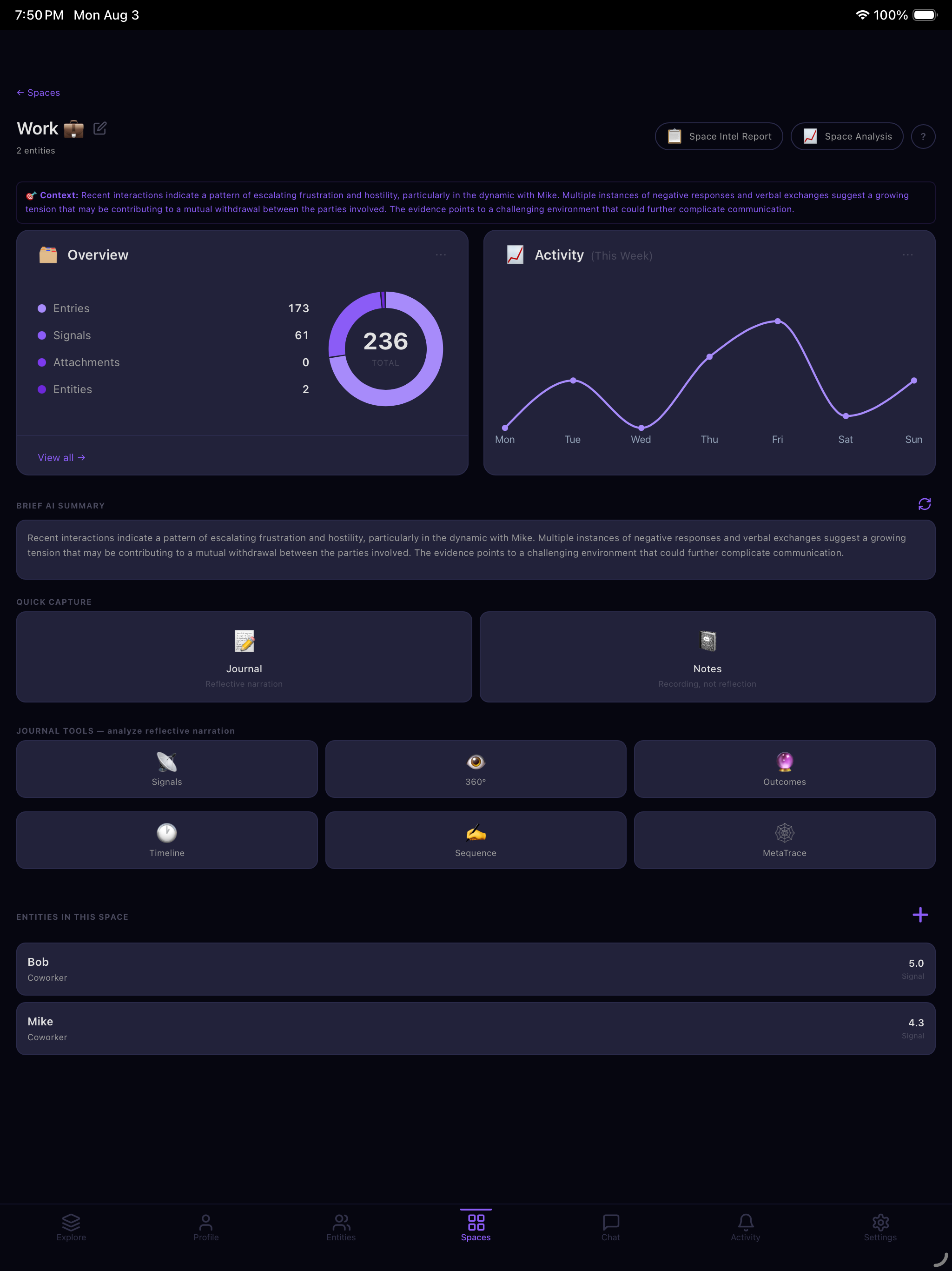 A MetaopAI Space — Journal, Notes, analyst tools, and Entities visible together
