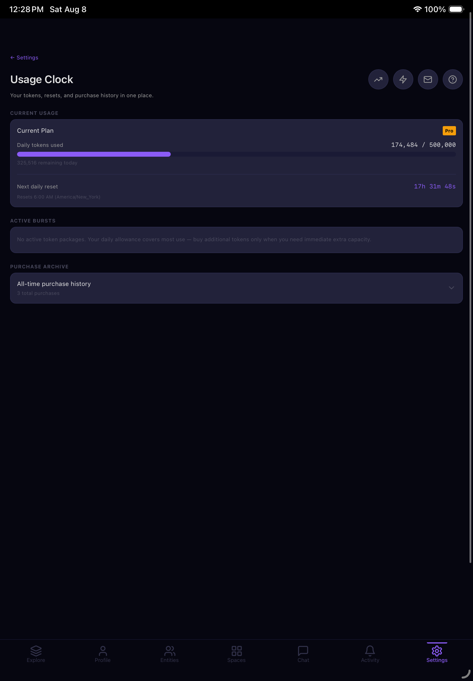Usage Clock — current plan, daily tokens used, next reset, active bursts, purchase archive