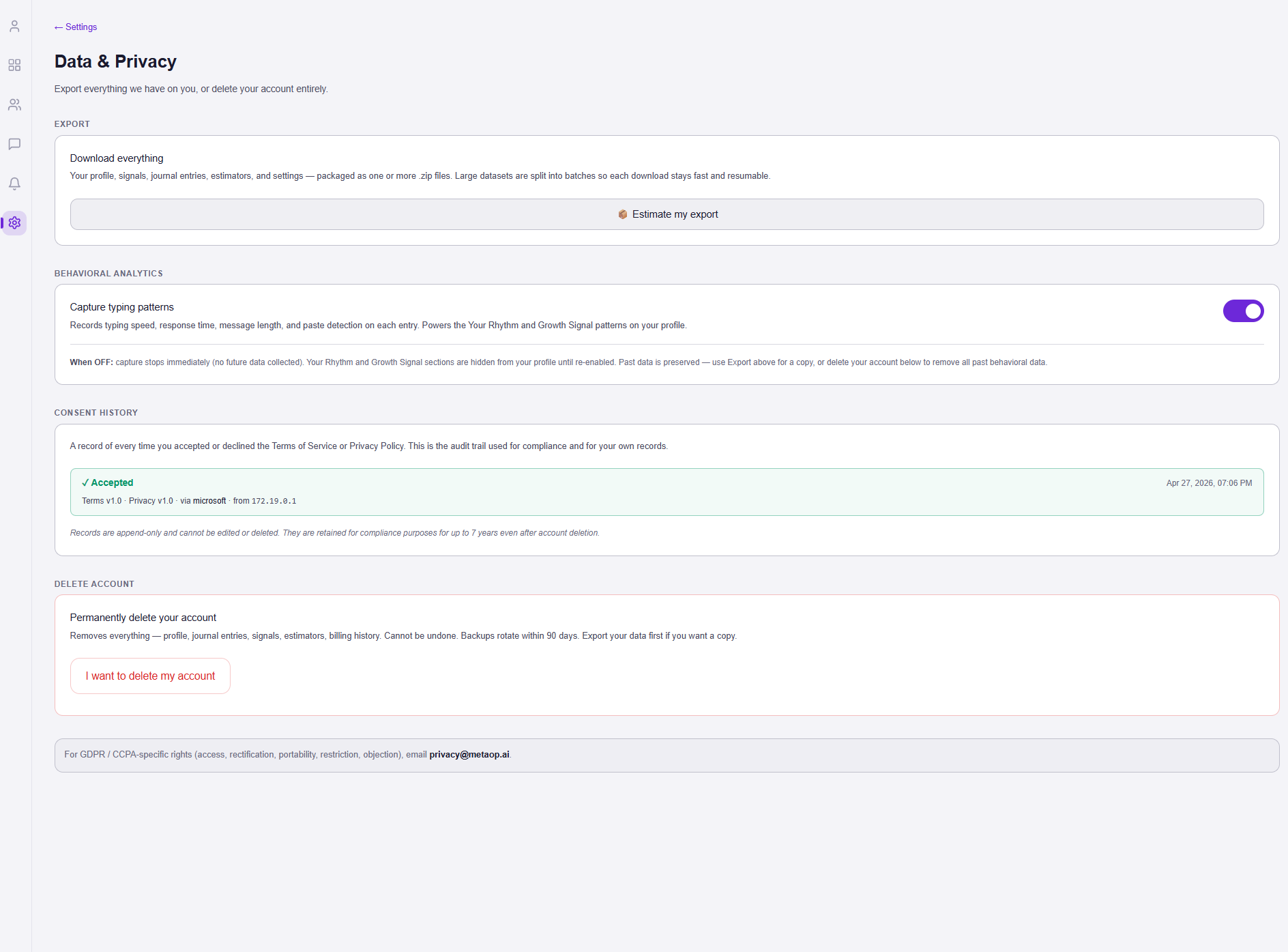 MetaopAI data and privacy — export, deletion, and behavioral-intelligence collection controls