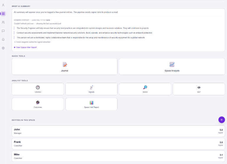 MetaopAI space home — summary, quick tools, analytic tools, and members within one space