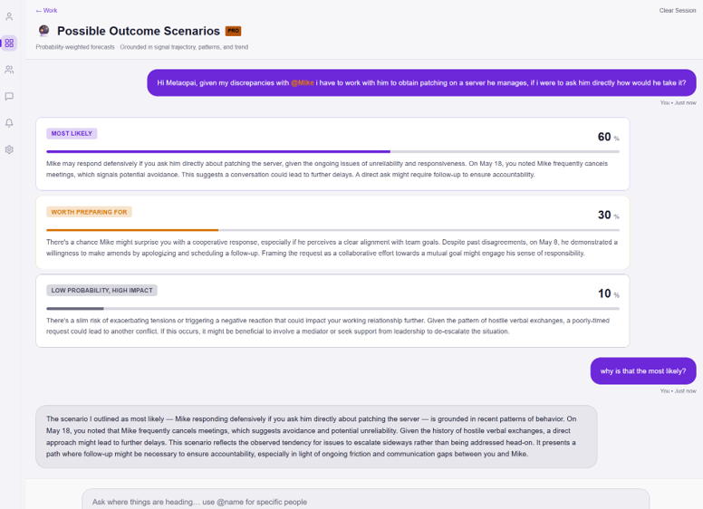 MetaopAI predictive — possible outcome scenarios with likelihoods